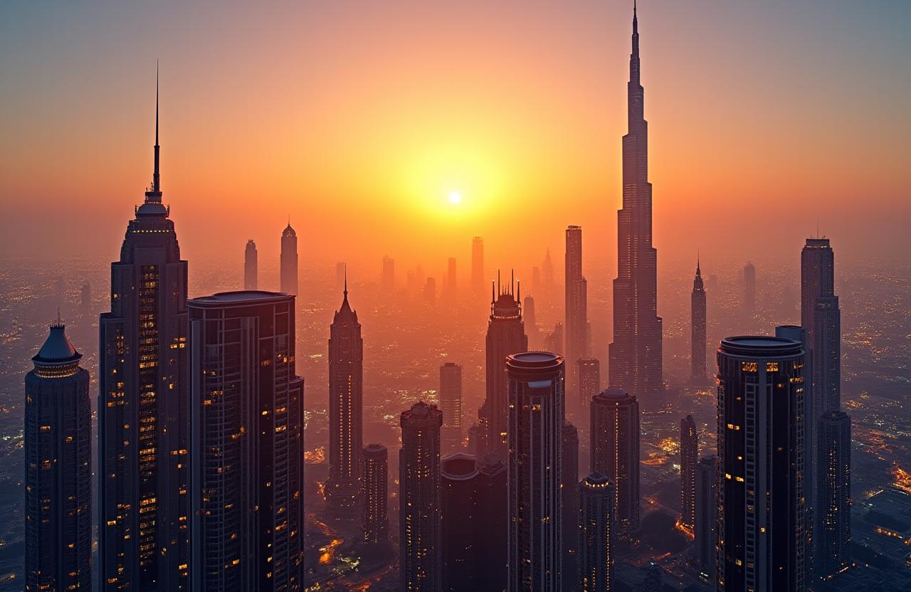 منظر بانورامي لمركز دبي المالي العالمي عند الغروب.